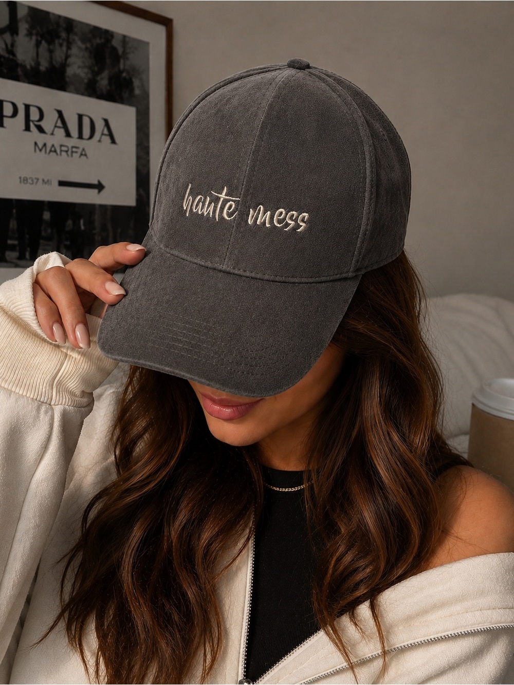 Haute Mess Faux Suede Baseball Cap Hat Brown Embroidered NYC Underground NWT
